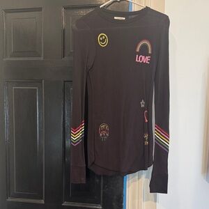 Lauren Moshi Black Ribbed Long-Sleeve Tee with Rainbow and Patch Details